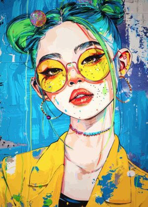 Vibrant Anime Girl with Yellow Sunglasses - Premium Wooden Framed Poster. Ready to Hang.
