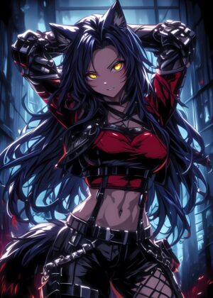Dark Anime Fighter: Fierce Female Warrior Art Print - Premium Wooden Framed Poster. Ready to Hang.
