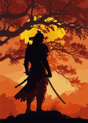 Samurai Sunset: A Japanese Warrior's Silhouette - Premium Wooden Framed Poster. Ready to Hang.