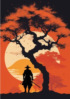 Last Samurai: Sunset Silhouette - Premium Wooden Framed Poster. Ready to Hang.