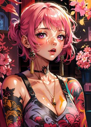 Anime Girl with Vibrant Tattoos and Flowers - Premium Wooden Framed Poster. Ready to Hang.