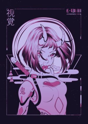 Cyberpunk Oni Samurai Girl Art Print - Premium Wooden Framed Poster. Ready to Hang.