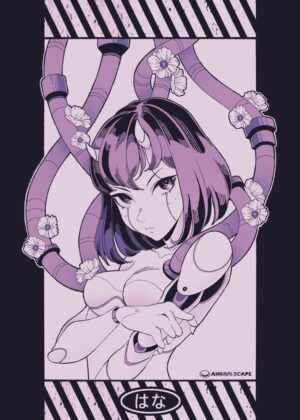 Cyberpunk Floral Anime Girl Art Print - Premium Wooden Framed Poster. Ready to Hang.