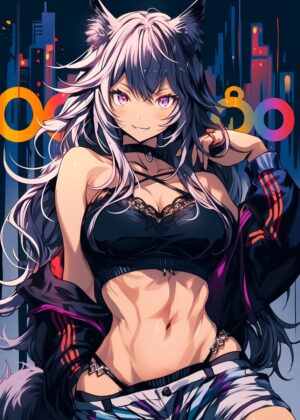 Anime City Girl Hanabi: Vibrant Urban Artwork - Premium Wooden Framed Poster. Ready to Hang.