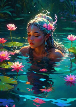 Enchanted Water Nymph: A Dreamlike Digital Painting - Premium Wooden Framed Poster. Ready to Hang.
