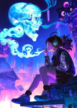 Cyberpunk Vaporwave Girl: Neon Dreams - Premium Wooden Framed Poster. Ready to Hang.