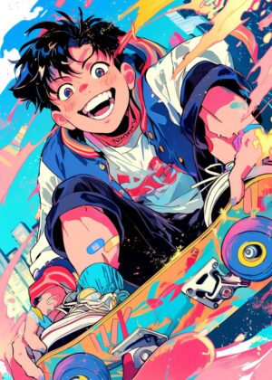 Vibrant Anime Skateboarding Art Print - Premium Wooden Framed Poster. Ready to Hang.