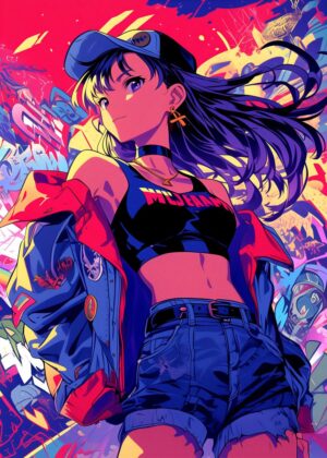 Cool Anime Girl: Vibrant Street Style Artwork - Premium Wooden Framed Poster. Ready to Hang.