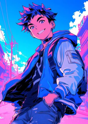 Cyberpunk Anime Boy Art Print - Premium Wooden Framed Poster. Ready to Hang.