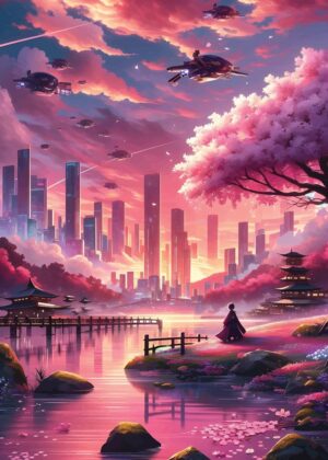 Cyberpunk Sakura: Where Tradition Meets Technology - Premium Wooden Framed Poster. Ready to Hang.