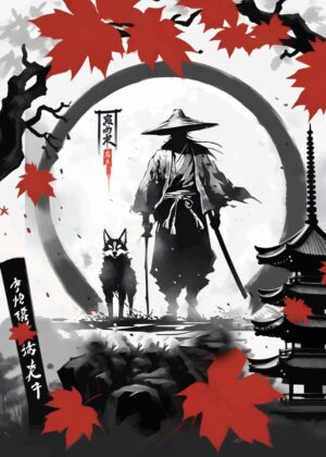 Samurai and Wolf: A Journey Through Autumn - Premium Wooden Framed Poster. Ready to Hang.