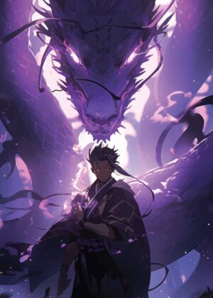 Anime Torii Dragon: Mystical Purple Dragon and Warrior Artwork - Premium Wooden Framed Poster. Ready to Hang.