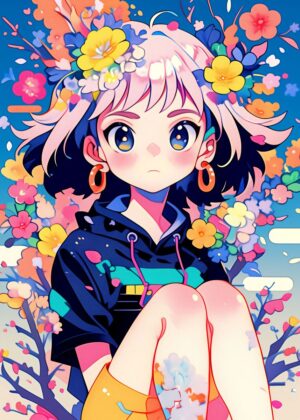Anime Girl Surrounded by Blossoms - Premium Wooden Framed Poster. Ready to Hang.