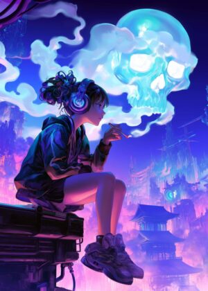 Skull of Smoke Crowns: Anime Girl in Cyberpunk Cityscape - Premium Wooden Framed Poster. Ready to Hang.