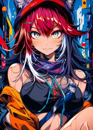Redhead Anime City Girl: Vibrant Urban Art - Premium Wooden Framed Poster. Ready to Hang.