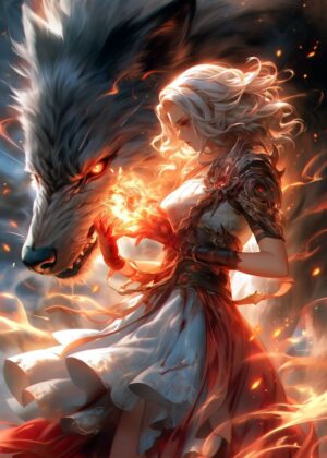 Fiery Fantasy: Wolf and Sorceress - Premium Wooden Framed Poster. Ready to Hang.
