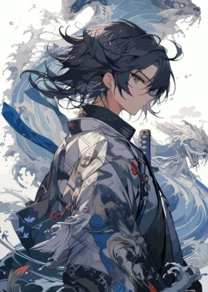 Anime Art Print: Mysterious Swordsman Amidst Water Dragons - Premium Wooden Framed Poster. Ready to Hang.