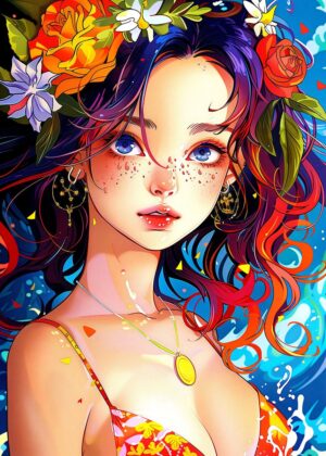 Vibrant Anime Girl Artwork: A Burst of Color and Energy - Premium Wooden Framed Poster. Ready to Hang.
