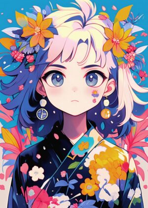 Vibrant Anime Girl in Floral Kimono - Premium Wooden Framed Poster. Ready to Hang.