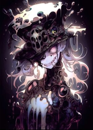 Cute Anime Girl with Melted Hat Art Print - Premium Wooden Framed Poster. Ready to Hang.