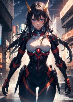 Anime Cyberpunk Girl: Digital Art Print - Premium Wooden Framed Poster. Ready to Hang.