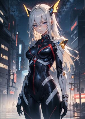Anime Cyberpunk Girl: Futuristic Cityscape Artwork - Premium Wooden Framed Poster. Ready to Hang.