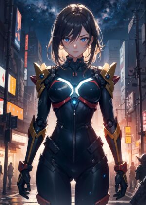 Cyberpunk Anime Girl: Futuristic Cityscape Artwork - Premium Wooden Framed Poster. Ready to Hang.