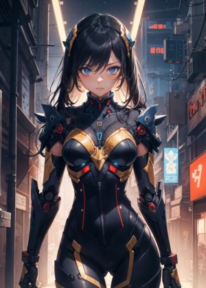 Anime Cyberpunk Girl: Futuristic City Streets - Premium Wooden Framed Poster. Ready to Hang.