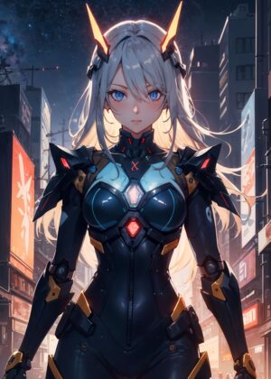 Cyberpunk Anime Girl: Digital Art Print - Premium Wooden Framed Poster. Ready to Hang.