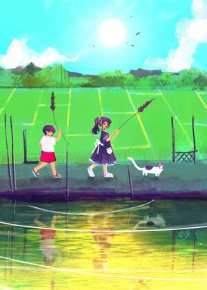 Summer Daydream: Siblings and a Cat by the Lake - Premium Wooden Framed Poster. Ready to Hang.