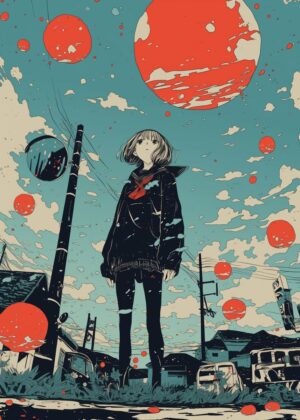 Abnormal Core: Melancholic Anime Girl in a Surreal Landscape - Premium Wooden Framed Poster. Ready to Hang.