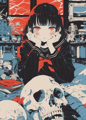 Abnormal Core: Anime Girl with Skulls Artwork - Premium Wooden Framed Poster. Ready to Hang.