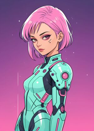 Cyberpunk Space Marine Girl Art Print - Premium Wooden Framed Poster. Ready to Hang.