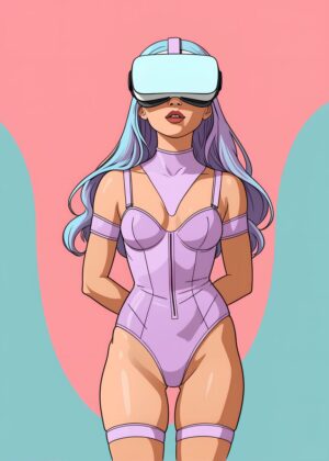 Cyberpunk Girl in VR: Retrofuturistic Digital Art Print - Premium Wooden Framed Poster. Ready to Hang.
