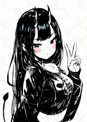 Goth Anime Demon Girl Art Print - Premium Wooden Framed Poster. Ready to Hang.