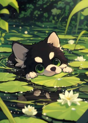 Adorable Anime Puppy in a Lily Pad Pond - Premium Wooden Framed Poster. Ready to Hang.