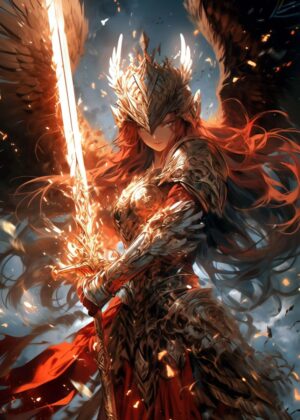 Wings of Rebellion: Fiery Angel Warrior Art Print - Premium Wooden Framed Poster. Ready to Hang.
