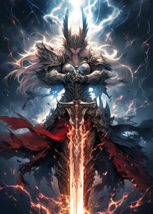 Sapphire Gaze Crimson Will: Fantasy Art Print - Premium Wooden Framed Poster. Ready to Hang.