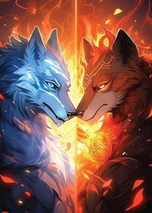 Fierce Battle of Ice and Fire Wolves - Premium Wooden Framed Poster. Ready to Hang.