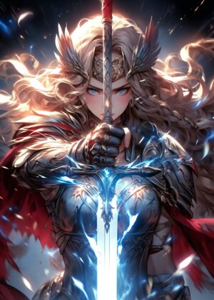 Majestic Knight Maiden: Fantasy Art Print - Premium Wooden Framed Poster. Ready to Hang.