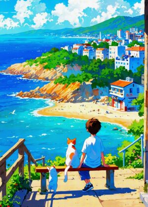 Serene Coastal View: Boy and His Cats - Premium Wooden Framed Poster. Ready to Hang.