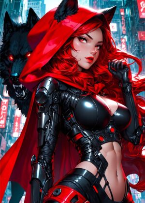 Red Riding Hood Cyberpunk: A Futuristic Fairytale - Premium Wooden Framed Poster. Ready to Hang.