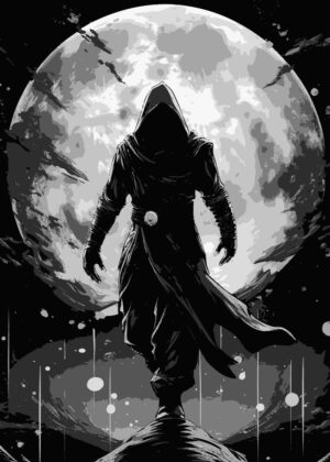 Shadowy Figure Under the Moon: Dark Fantasy Art Print - Premium Wooden Framed Poster. Ready to Hang.