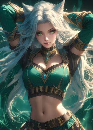 Warrior Cat Girl: Fantasy Art Print - Premium Wooden Framed Poster. Ready to Hang.