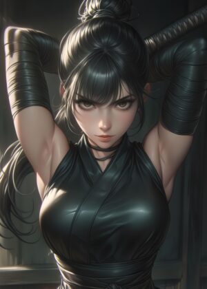 Focused Kunoichi: A Digital Painting - Premium Wooden Framed Poster. Ready to Hang.