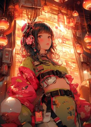Cyberpunk Anime Girl in Traditional Clothing - Premium Wooden Framed Poster. Ready to Hang.