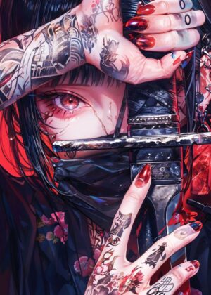 Cyberpunk Geisha Shinobi: Anime Art Print - Premium Wooden Framed Poster. Ready to Hang.