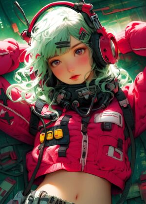 Vibrant Anime Girl with Headphones: Digital Art Print - Premium Wooden Framed Poster. Ready to Hang.