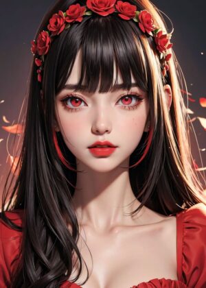 Crimson Rose Beauty: Elegant Anime Girl Art Print - Premium Wooden Framed Poster. Ready to Hang.