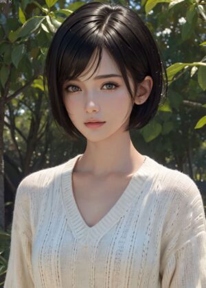 Anime Girl with Bob Haircut - Digital Art Print - Premium Wooden Framed Poster. Ready to Hang.
